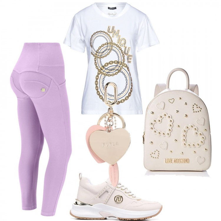 Outfit donna - Total look #1325274. Stile Sporty chic per Sport. Abbinamento con t-shirt, portachiavi, sneakers, pantaloni skinny, zaini.