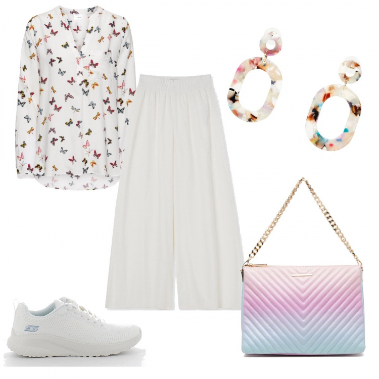 Outfit donna - Le sneakers bianche. Stile Glamour per Scuola/Università. look ideale per Petite. Abbinamento con bluse, orecchini, pantaloni a palazzo, sneakers, borse a tracolla.