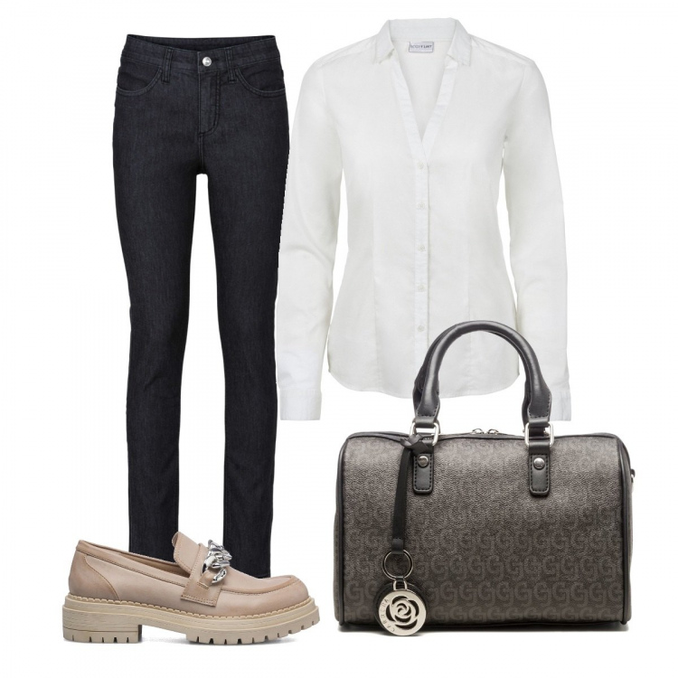 Outfit donna - In ufficio. Stile Mannish per Ufficio. Abbinamento con camicie, jeans skinny, mocassini, borse a mano.