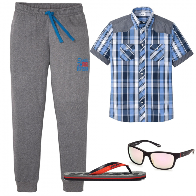 Outfit uomo - Total look #1325535. Stile Casual per Sport. Abbinamento con camicie a manica corta, pantaloni, occhiali da sole, sandali.