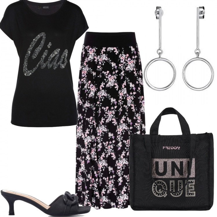 Outfit donna - Total look #1325537. Stile Boho per Tutti i giorni. Abbinamento con gonne lunghe, maglieria, shopping bag, sandali in pelle, orecchini.