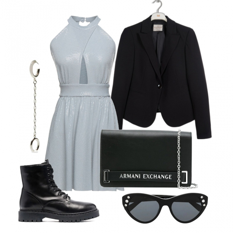 Outfit donna - Domenica sera così. Stile Trendy per Serata fuori. Abbinamento con vestiti corti, blazer, anfibi, occhiali da sole, borse a tracolla, orecchini.