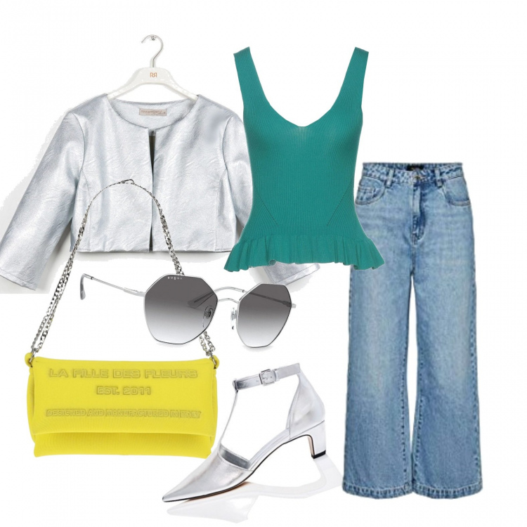 Outfit donna - Gioco coi colori. Stile Glamour per Tutti i giorni. Abbinamento con borse a spalla, top, blazer, occhiali da sole, scarpe col tacco, jeans.