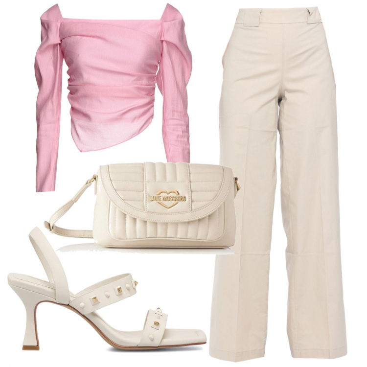 Outfit donna - Serata di festa. Stile Trendy per Serata fuori. Abbinamento con pantaloni, bluse, sandali col tacco, borse a tracolla.