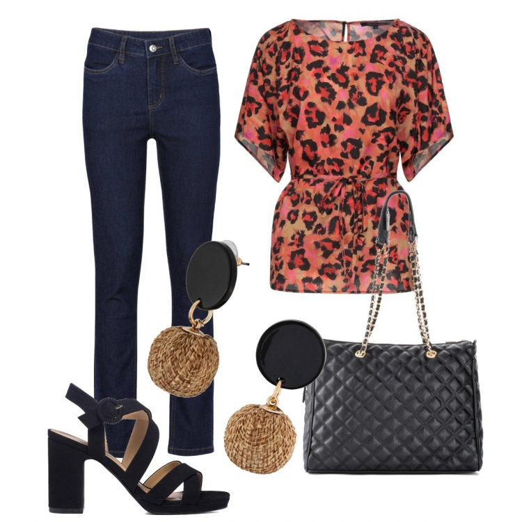 Outfit donna - Blusa animalier. Stile Chic per Ufficio. Abbinamento con jeans, shopping bag, orecchini, bluse, sandali col tacco.