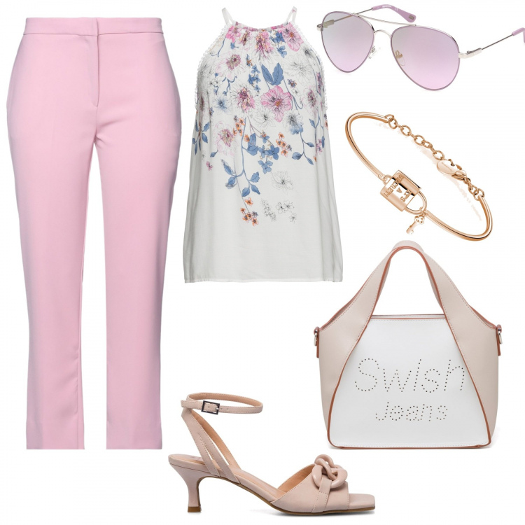 Outfit donna - Estate. Stile Glamour per Tutti i giorni. Abbinamento con top, pantaloni, occhiali da sole, braccialetti, sandali in pelle, borse a mano.