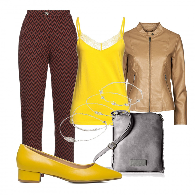 Outfit donna - Colore in ufficio. Stile Trendy per Ufficio. Abbinamento con braccialetti, pantaloni, top, giacche, décolleté, borse a mano.