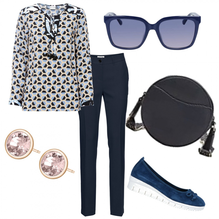 Outfit donna - Total look #1325756. Stile Bon Ton per Tutti i giorni. Abbinamento con pantaloni, bluse, décolleté, orecchini, borse tote, occhiali da sole.