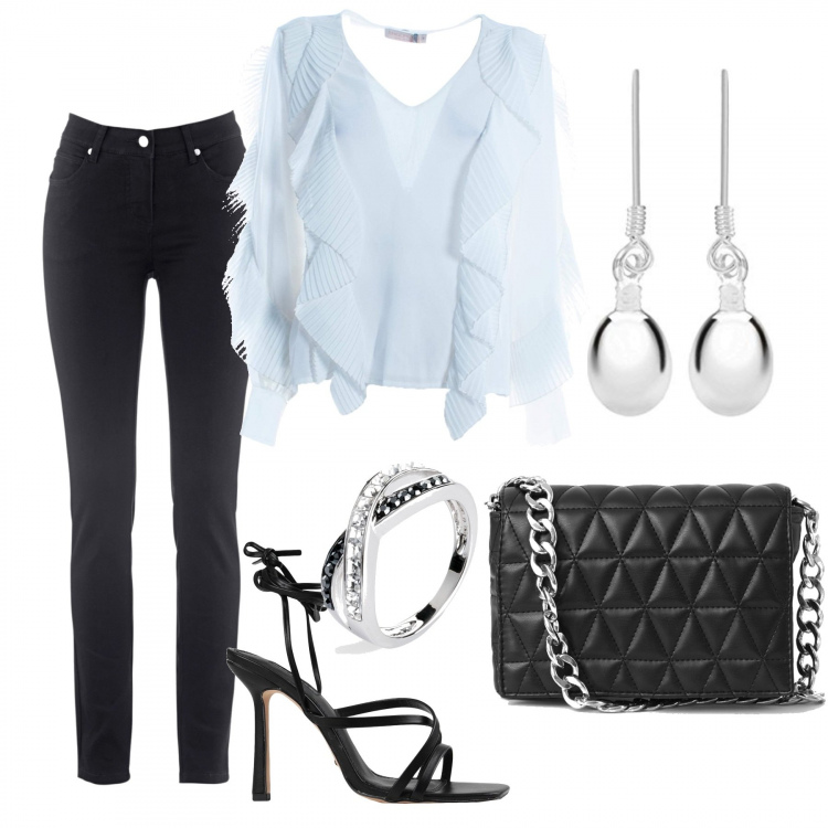 Outfit donna - In ufficio. Stile Casual chic per Ufficio. Abbinamento con jeans dritti, anelli, sandali col tacco, bluse, borse a spalla, orecchini.