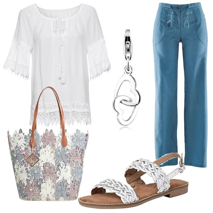 Outfit donna - Romantica a modo mio!. Stile Romantica per Tutti i giorni. Abbinamento con pantaloni a palazzo, tuniche, borse a mano, sandali, ciondoli.