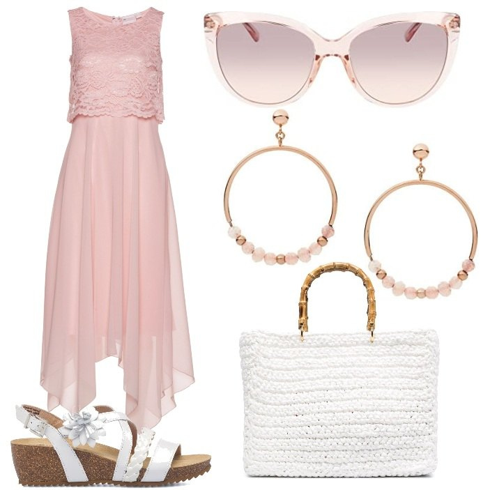 Outfit donna - Romantica a modo mio! Cerimonia. Stile Romantica per Cerimonia. Abbinamento con vestiti midi/longuette, borse tote, sandali in pelle, occhiali da sole, orecchini.