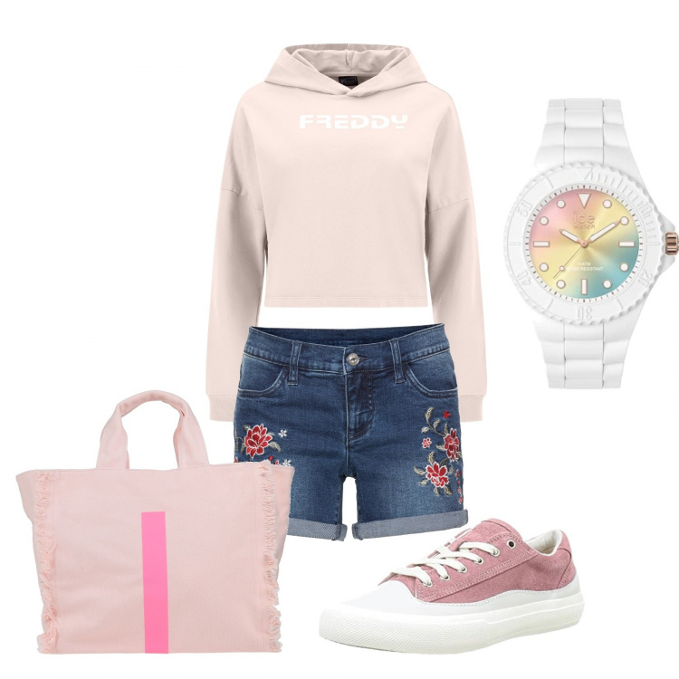 Outfit donna - Mi va così. Stile Casual per Scuola/Università. Abbinamento con shorts, borse a mano, felpe con cappuccio, sneakers alte, orologi.