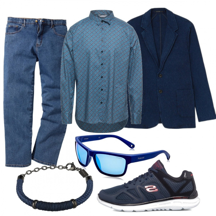 Outfit uomo - Blu urban. Stile Urban per Serata speciale. Abbinamento con jeans dritti, camicie, braccialetti, giacche, sneakers, occhiali da sole.