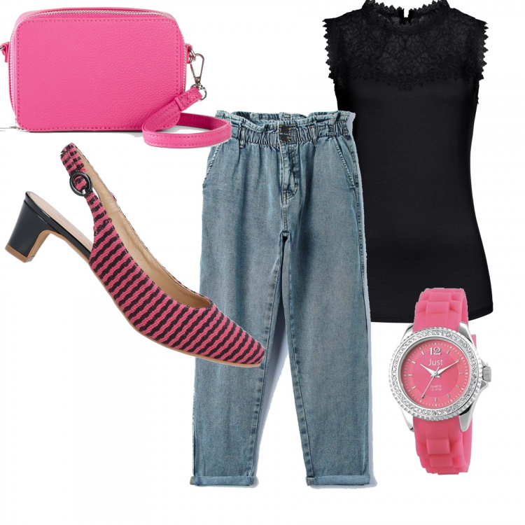 Outfit donna - Un jeans e via!. Stile Urban per Tutti i giorni. Abbinamento con top, borse a tracolla, décolleté, jeans, orologi analogici.
