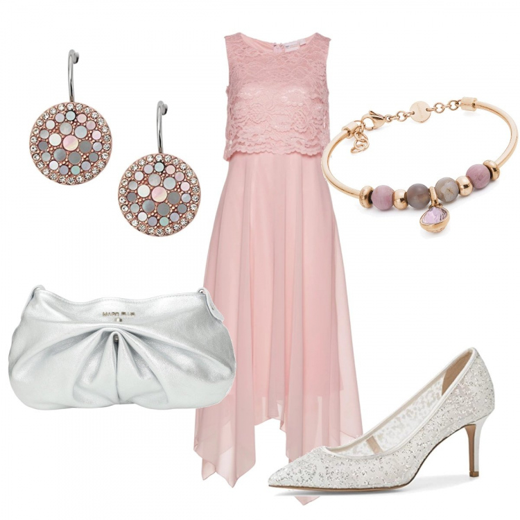 Outfit donna - Romantica #2040. Stile Romantica per Cerimonia. Abbinamento con vestiti midi/longuette, borse a mano, braccialetti, décolleté, orecchini.