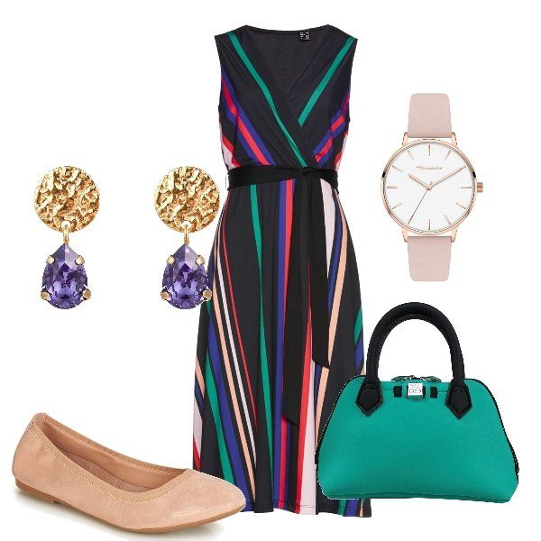Outfit donna - In chemisier alle Poste. Stile Urban per Tutti i giorni. Abbinamento con vestiti, borse a mano, orecchini, ballerine, orologi.
