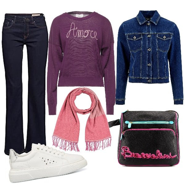 Outfit donna - Basic #4167. Stile Basic per Tutti i giorni. Abbinamento con pullovers, sciarpe, borse a tracolla, giacche, sneakers, jeans bootcut.