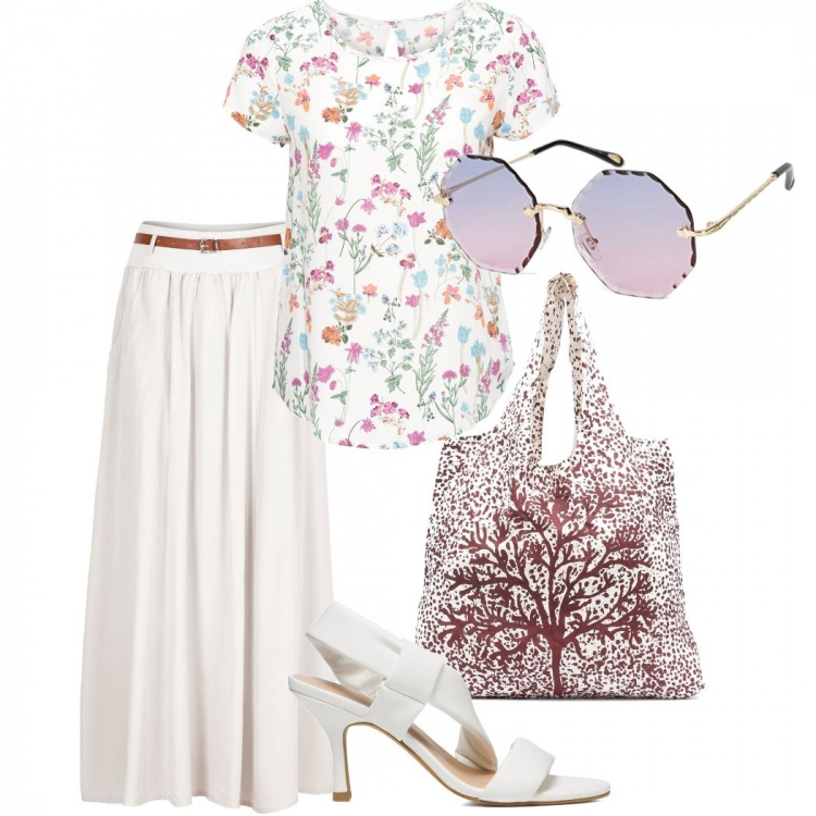 Outfit donna - Boho #1120. Stile Boho per Tutti i giorni. Abbinamento con bluse, gonne lunghe, borse tote, sandali in pelle, occhiali da sole.