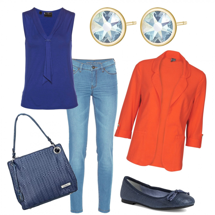 Outfit donna - Total look #1327134. Stile Urban per Tutti i giorni. Abbinamento con jeans skinny, top, giacche, orecchini, décolleté, shopping bag.