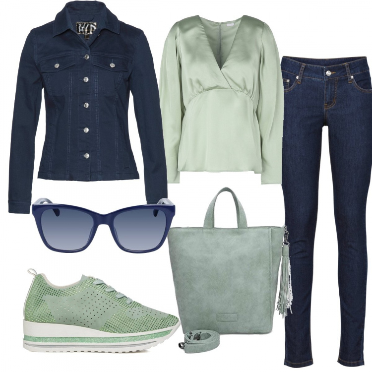 Outfit donna - Mattina all’università. Stile Casual per Scuola/Università. Abbinamento con jeans skinny, blazer, bluse, sneakers, borse tote, occhiali da sole.