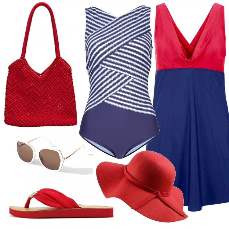 Outfit donna - Primo sole in piscina. Stile Sporty chic per Mare. Abbinamento con costumi interi, vestiti da spiaggia, occhiali da sole, borse tote, cappelli, infradito.