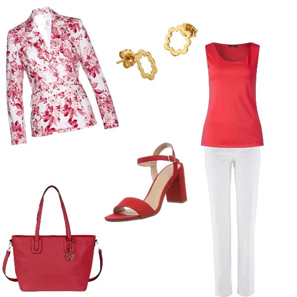 Outfit donna - Ultimo giorno in Università. Stile Basic per Scuola/Università. Abbinamento con pantaloni, blazer con spacco fantasia con spalline viola, shopping bag rosso, canottiera rosso, scarpe col tacco open toe rosso, orecchini oro.