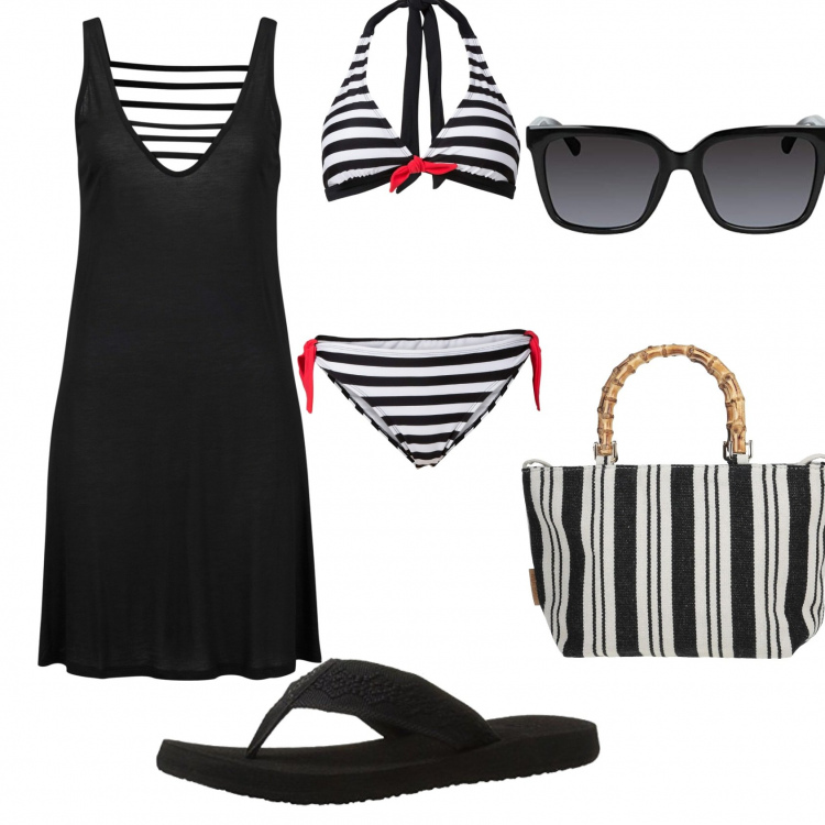 Outfit donna - Al mare in nero. Stile Casual chic per Mare. Abbinamento con vestiti da spiaggia, bikini, borse a mano, occhiali da sole, infradito.