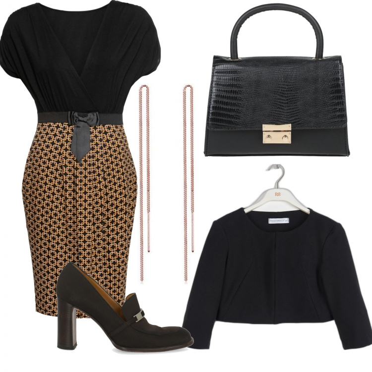 Outfit donna - Importante riunione. Stile Bon Ton per Ufficio. Abbinamento con vestiti, borse a mano, blazer, décolleté, orecchini.