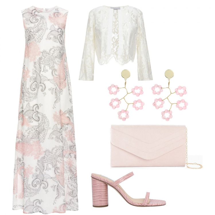 Outfit donna - Il floreale che incanta. Stile Romantica per Cerimonia. Abbinamento con pochette, vestiti lunghi, blazer, sandali col tacco, orecchini.