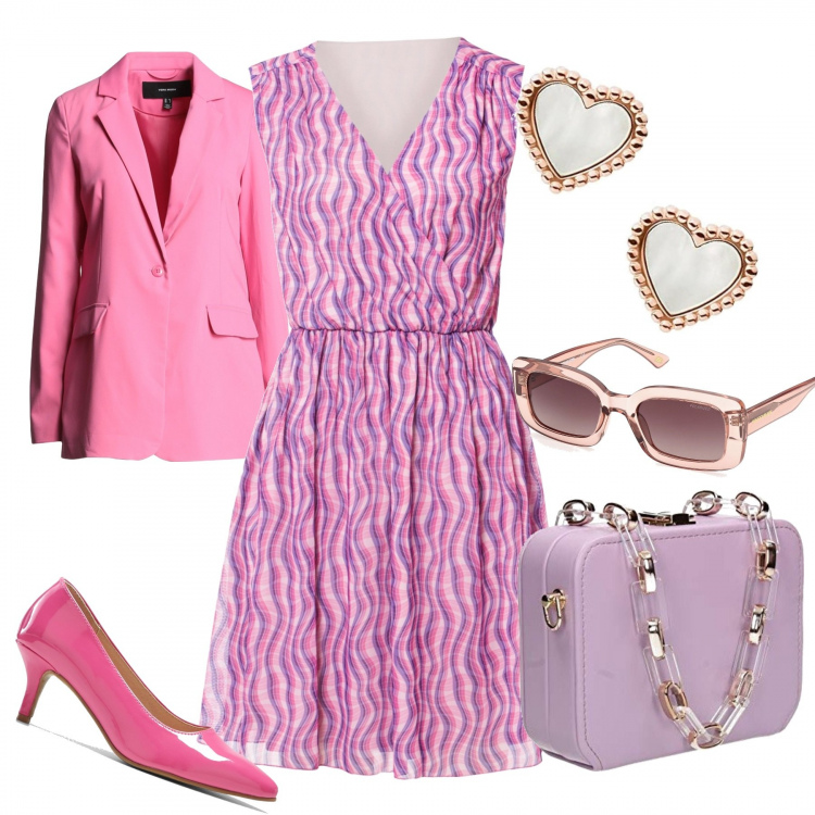 Outfit donna - Toni viola. Stile Casual chic per Tutti i giorni. Abbinamento con blazer, occhiali da sole, vestiti lunghi, décolleté, pochette, orecchini.