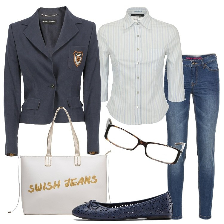 Outfit donna - Al college. Stile Preppy per Scuola/Università. Abbinamento con ballerine, jeans skinny, camicie, blazer, occhiali, borse a spalla.