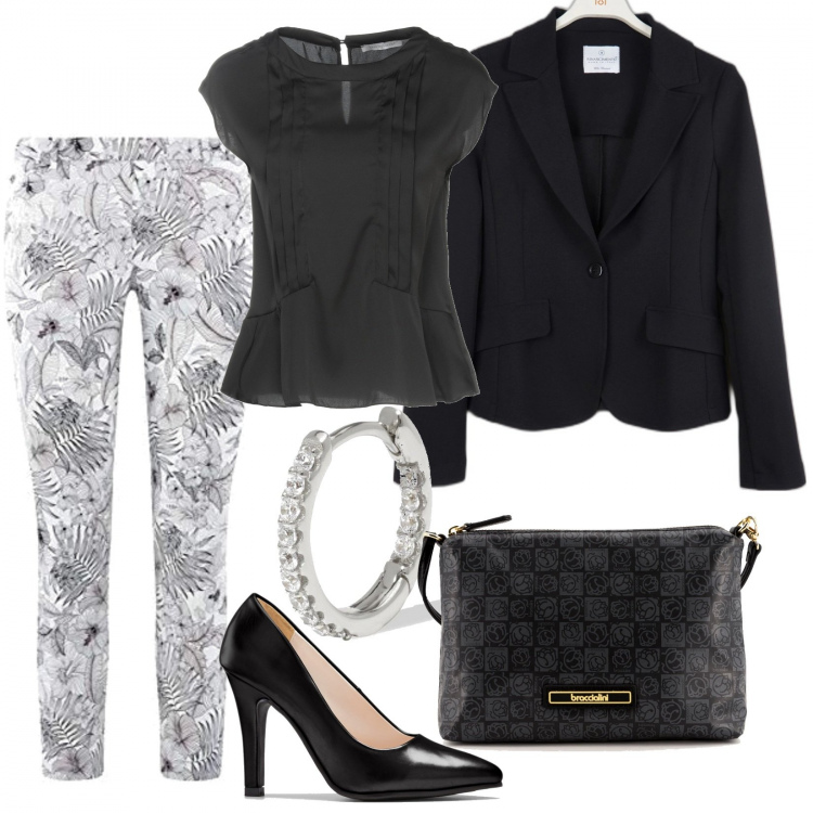 Outfit donna - Speciale Blazer! Comoda con stile. Stile Casual chic per Tutti i giorni. look ideale per Tall. Abbinamento con décolleté, bluse, orecchini, blazer, pochette, pantaloni.