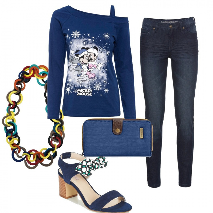 Outfit donna - Casual #8100. Stile Casual per Tutti i giorni. Abbinamento con jeans skinny, maglieria, collane, sandali, portafogli.