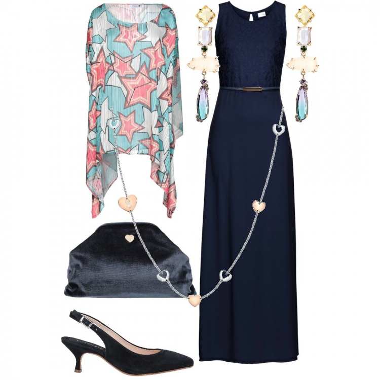 Outfit donna - Cerimonia curvy. Stile Chic per Cerimonia. Abbinamento con vestiti lunghi, caftani, orecchini, collane, décolleté, borse a tracolla.
