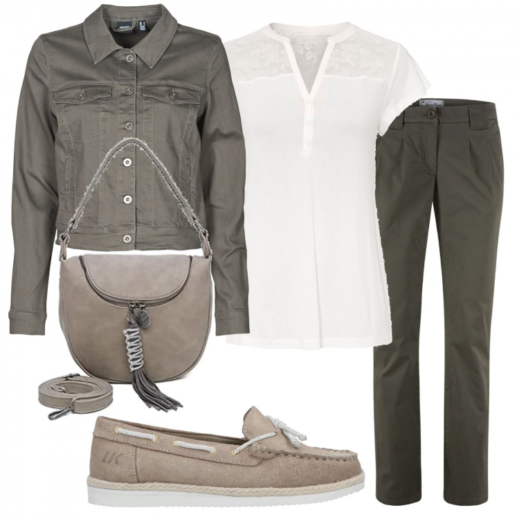 Outfit donna - In ufficio. Stile Casual per Ufficio. Abbinamento con pantaloni chino, maglieria, mocassini, giacche, borse a tracolla.