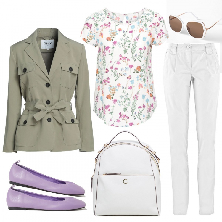Outfit donna - La maggioranza di bianco. Stile Casual chic per Ufficio. Abbinamento con bluse, pantaloni chino, occhiali da sole, blazer, ballerine, zaini.