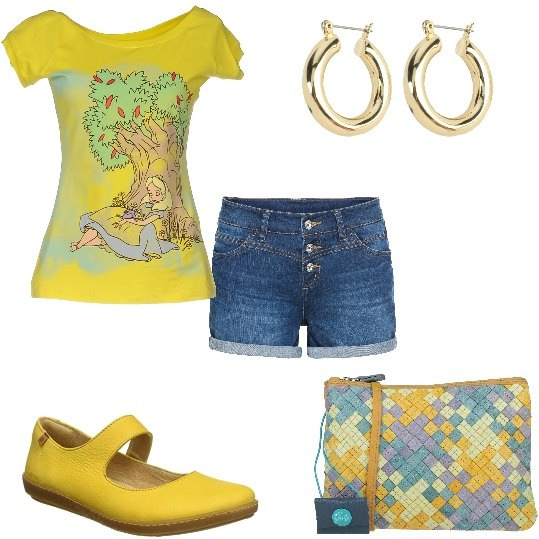 Outfit donna - Jeans e maglietta gialla. Stile Casual per Tutti i giorni. Abbinamento con shorts, t-shirt, borse a tracolla, orecchini, ballerine.