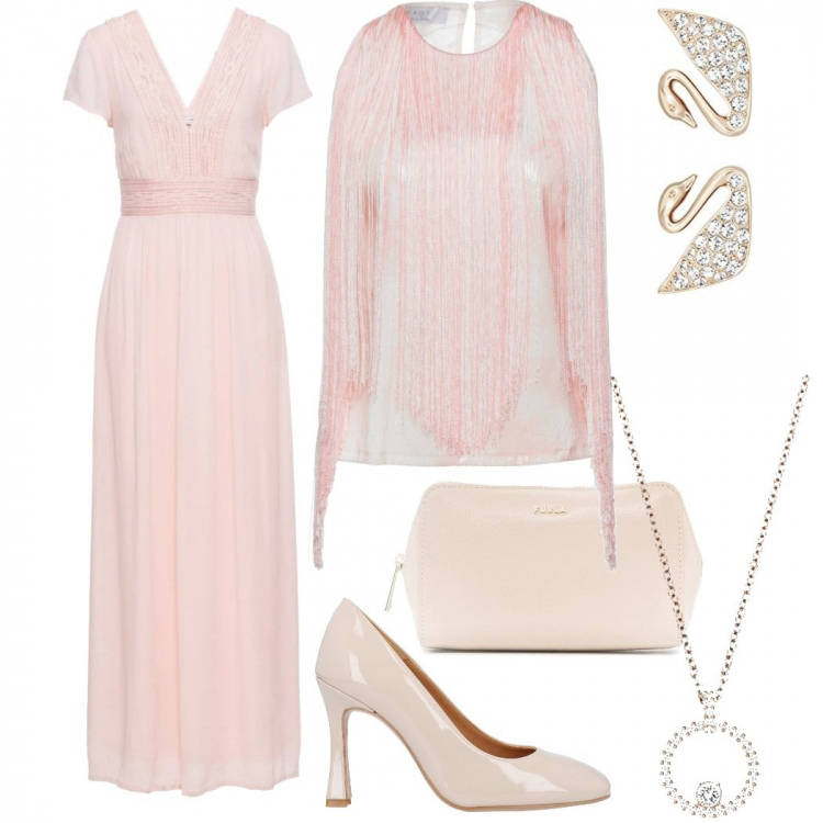 Outfit donna - Cerimonia in rosa. Stile Romantica per Cerimonia. Abbinamento con vestiti lunghi, top, décolleté, clutch, ciondoli, orecchini.