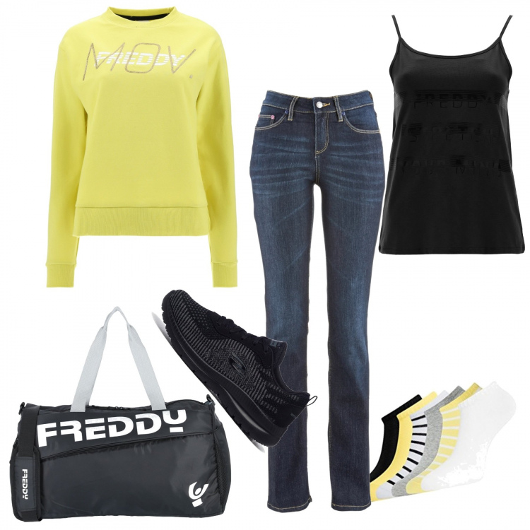 Outfit donna - Devo correre in palestra. Stile Basic per Sport. Abbinamento con jeans dritti, borse sportive, canottiere, felpe, scarpe sportive, calzini.
