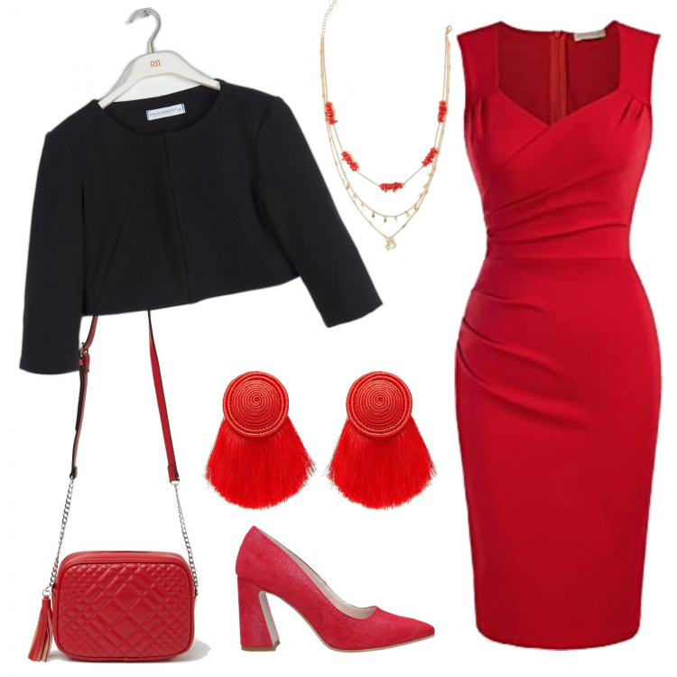 Outfit donna - Il tubino rosso. Stile Sexy per Serata fuori. Abbinamento con décolleté, orecchini, blazer, borse a tracolla, collane, vestiti.