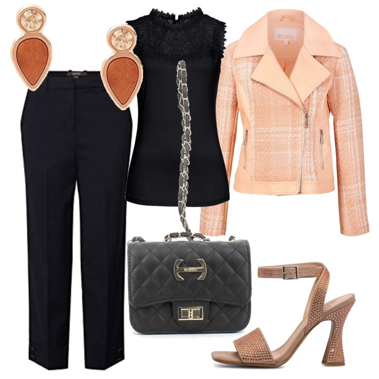 Outfit donna - Liquirizia e arancio per una cerimonia. Stile Chic per Cerimonia. Abbinamento con top, giacche, borse a tracolla, sandali gioiello, pantaloni, orecchini.
