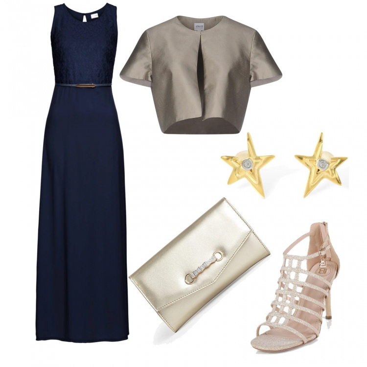 Outfit donna - Notte stellata. Stile Chic per Cerimonia. Abbinamento con vestiti lunghi, blazer, sandali in pelle, pochette, orecchini.