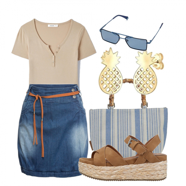Outfit donna - In totale relax. Stile Casual per Tutti i giorni. Abbinamento con minigonne, sandali col tacco, borse a mano, t-shirt, occhiali da sole, orecchini.