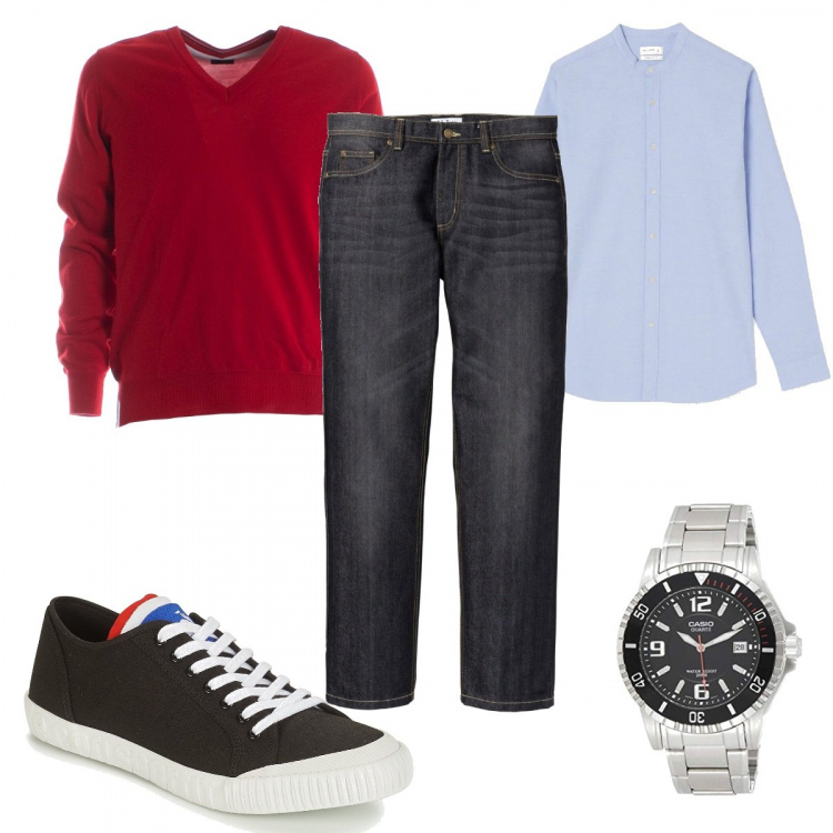 Outfit uomo - Il maglione rosso. Stile Trendy per Tutti i giorni. Abbinamento con jeans dritti, pullovers, sneakers, camicie, orologi.