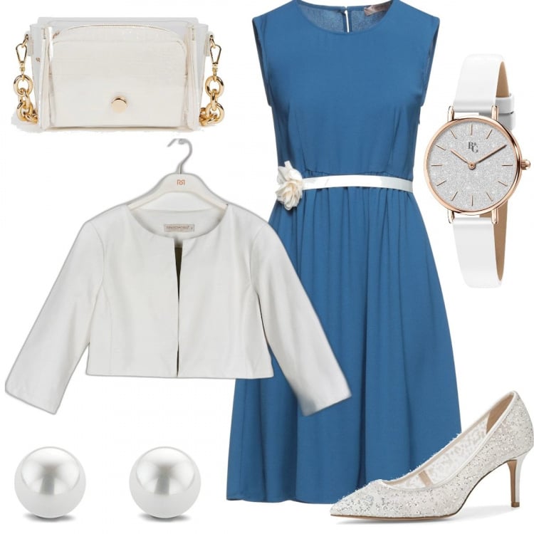 Outfit donna - Con semplicità. Stile Basic per Cerimonia. Abbinamento con vestiti corti, orologi, blazer, pochette, décolleté, orecchini.