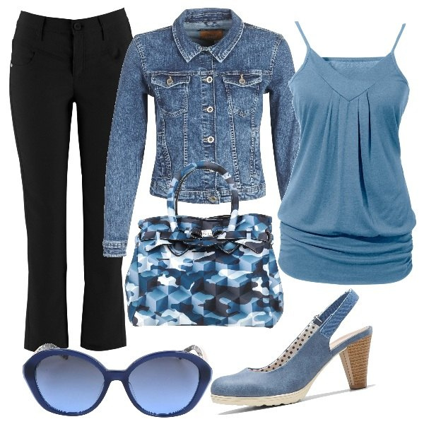 Outfit donna - Total look #1328562. Stile Casual per Tutti i giorni. Abbinamento con top, pantaloni, décolleté, borse a mano, occhiali da sole, giacche.