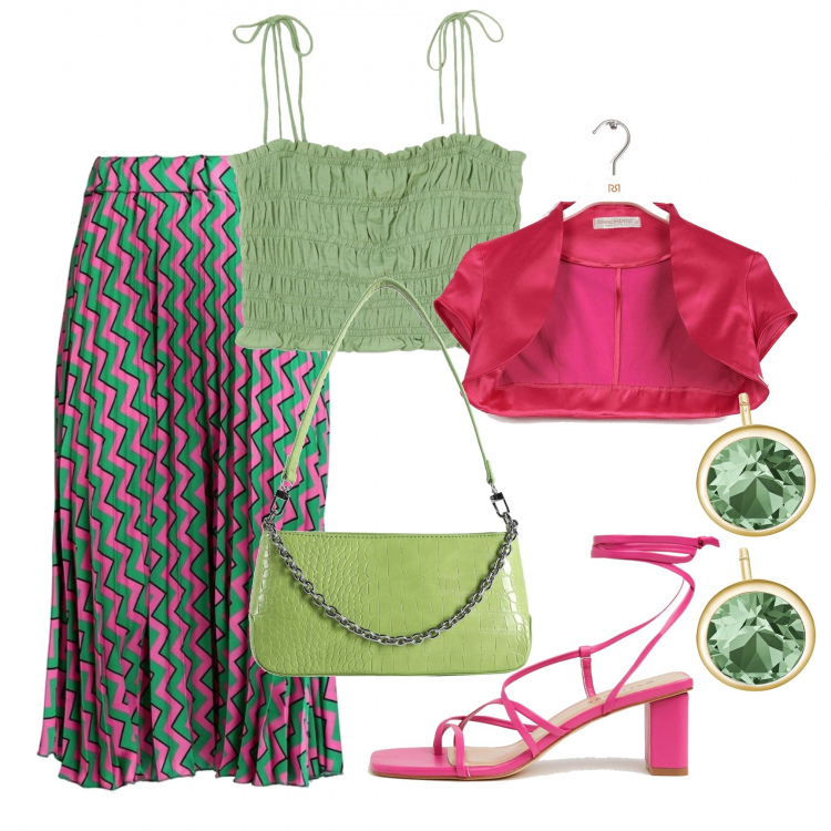 Outfit donna - Stasera elegante. Stile Chic per Serata fuori. Abbinamento con borse a spalla, gonne lunghe, bolero, sandali alla schiava, top, orecchini.