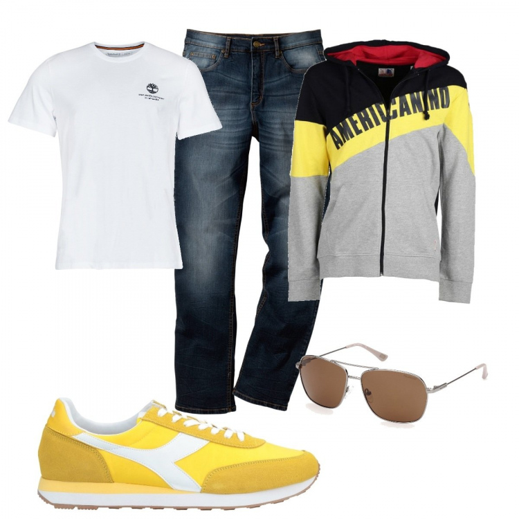 Outfit uomo - La sneakers gialla. Stile Casual per Tutti i giorni. Abbinamento con jeans dritti, sneakers, occhiali da sole, felpe con cappuccio, t-shirt.