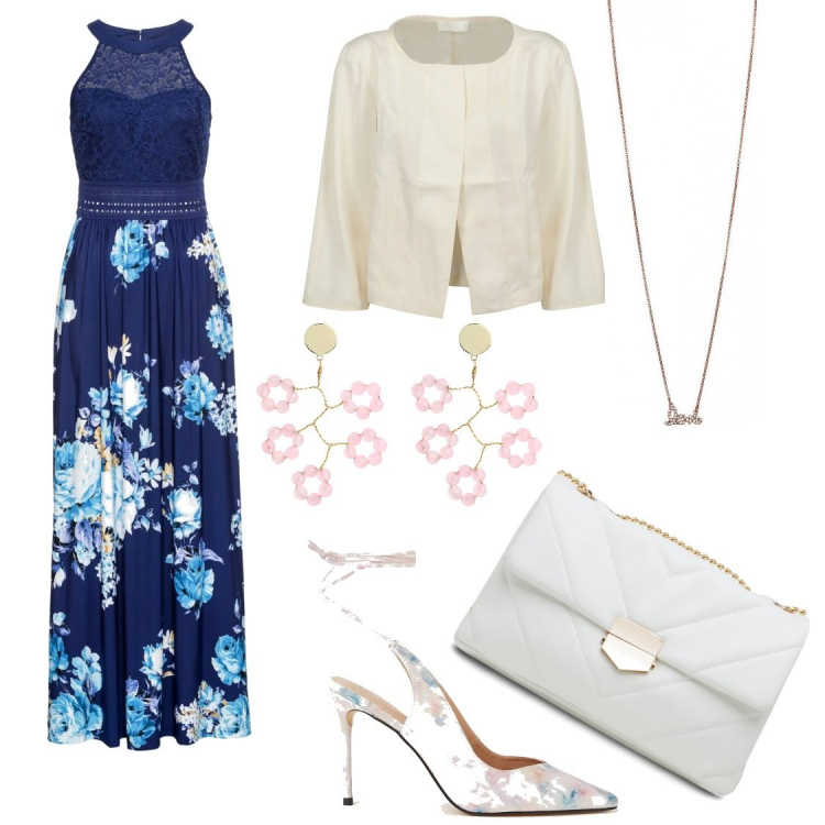 Outfit donna - Seratissima floreale. Stile Glamour per Serata fuori. Abbinamento con vestiti lunghi, orecchini, collane, blazer, décolleté, borse a tracolla.