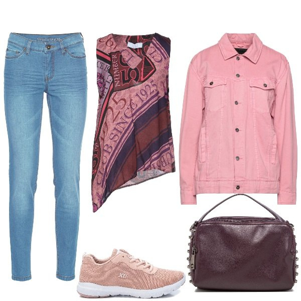 Outfit donna - Giorno rosa. Stile Casual per Tutti i giorni. Abbinamento con jeans skinny, top, sneakers, giacche, borse a tracolla.
